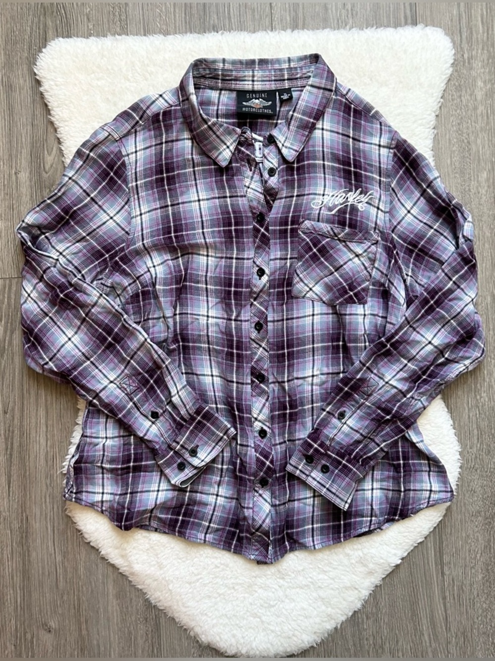 Harley Davidson Purple Plaid Button-Up Embroidered Flannel Shirt